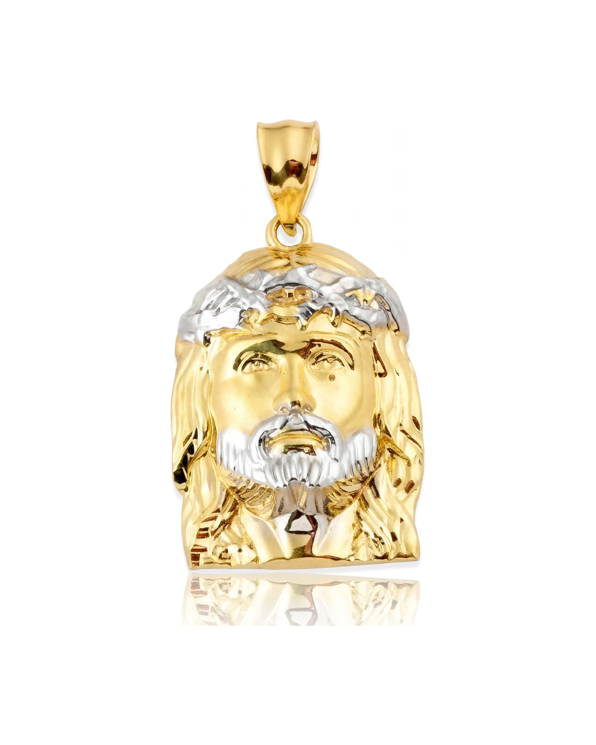 Jesus Face Pendant with Upturned Gaze and Two-Tone Crown - 10K Gold