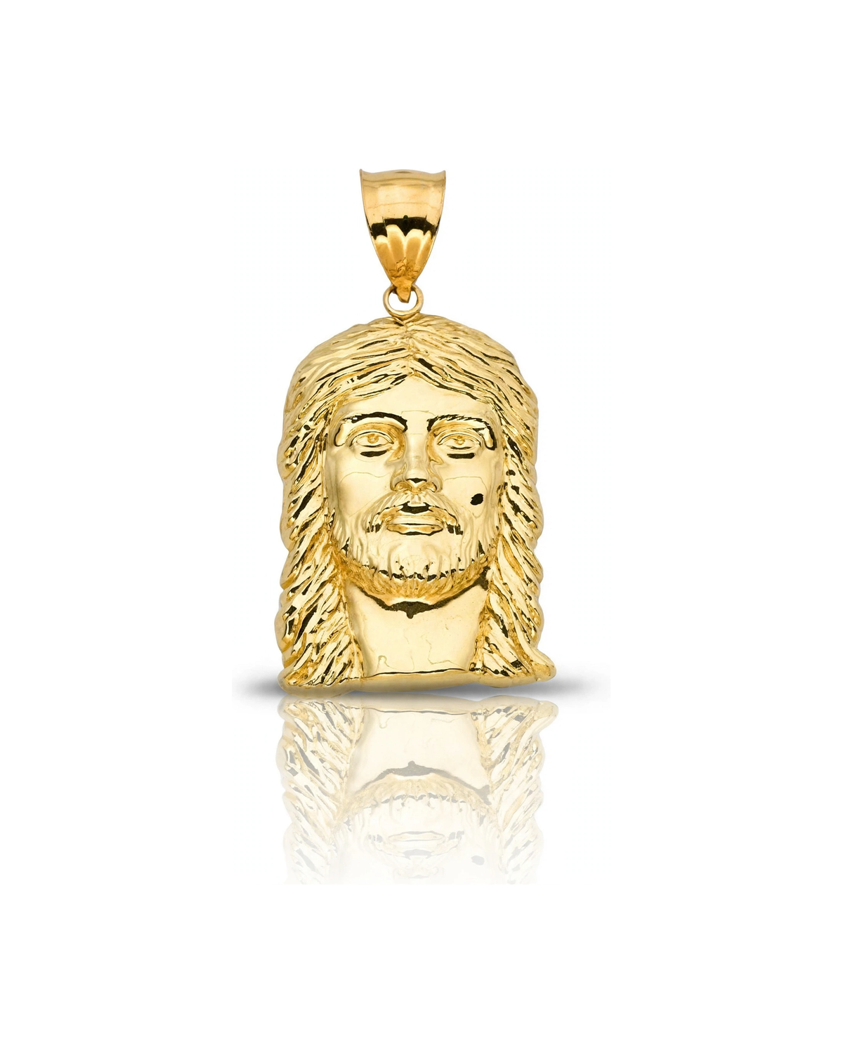 Jesus Head Pendant with Long Wavy Hair - 10K Yellow Gold