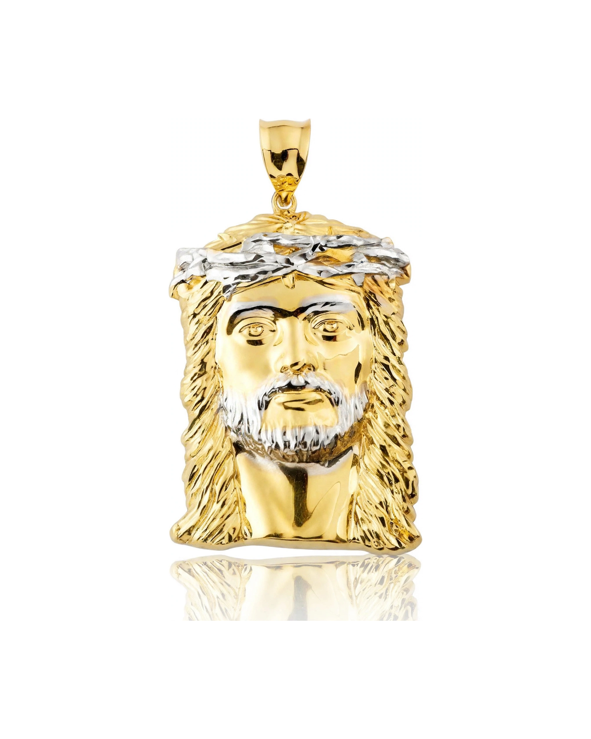 Jesus Head Pendant with White Thorn Crown and Beard - 10K Gold
