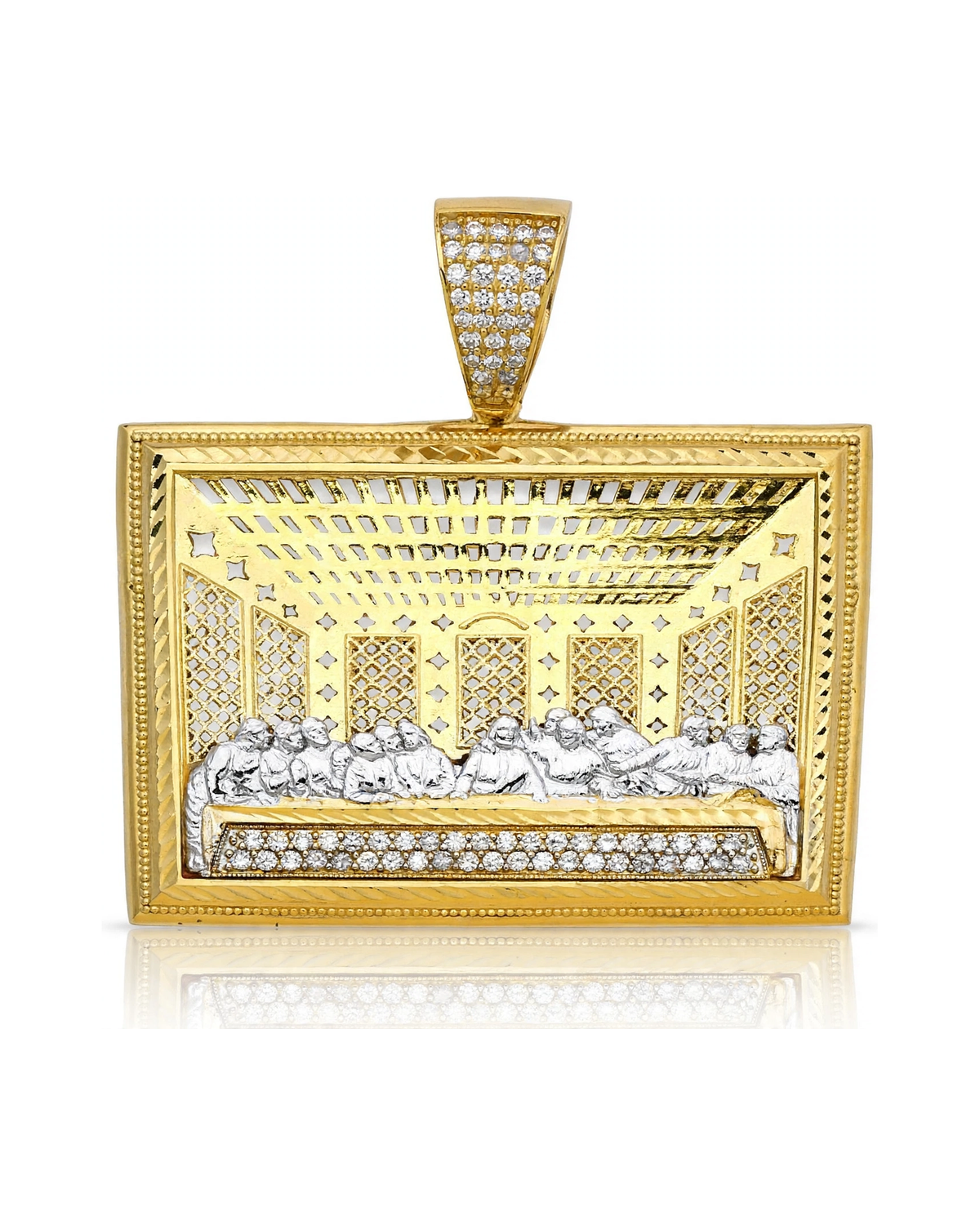 Last Supper Rectangular Pendant with CZ Row and Pavé Bail - 10K Gold