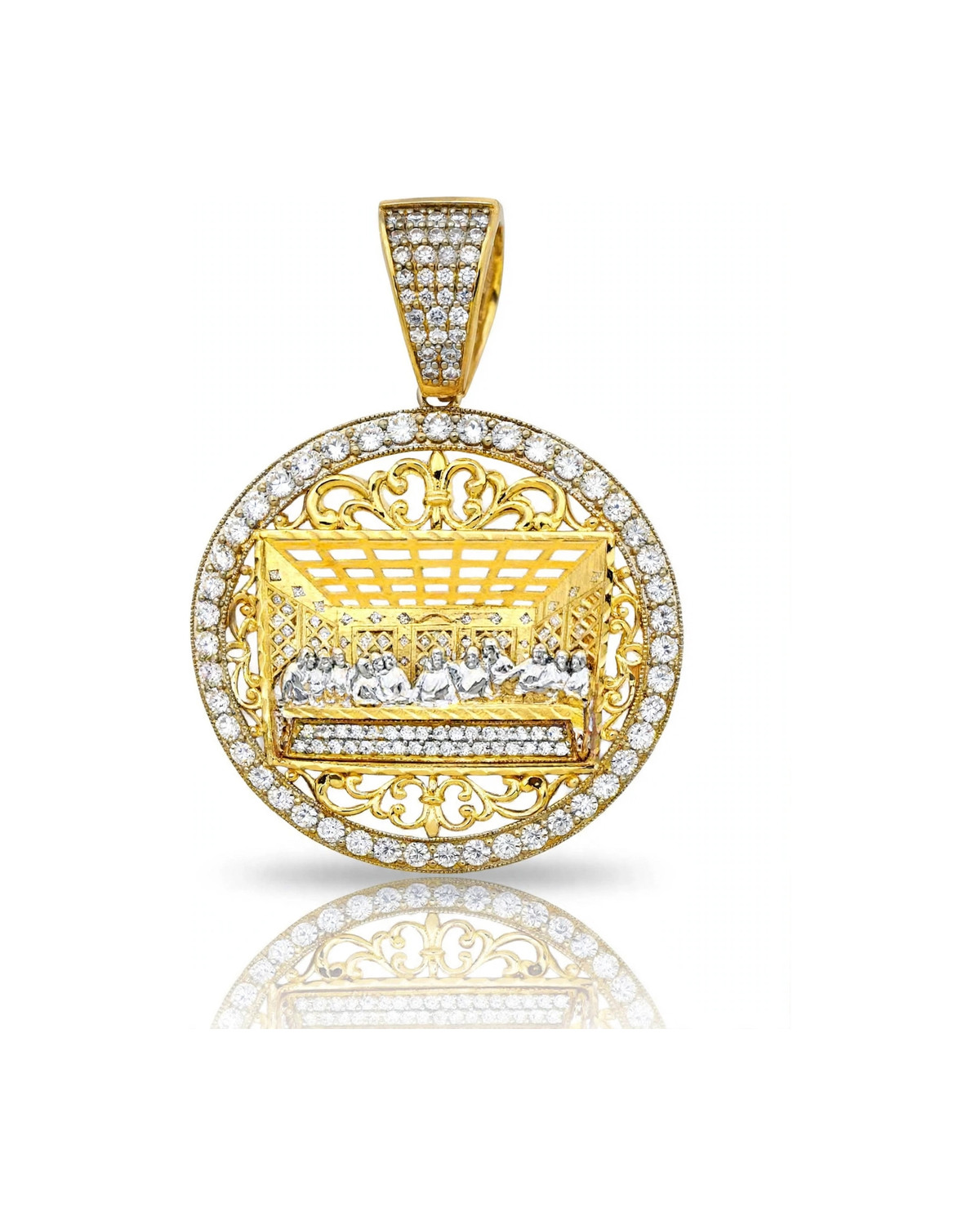 Last Supper Round Pendant with CZ Halo - 10K Gold