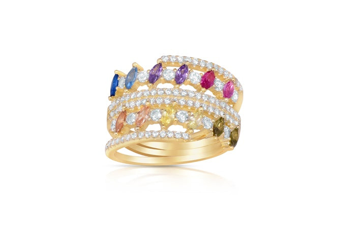 Rainbow Eternity Band Ring - 925 Sterling Silver - Gold Plated
