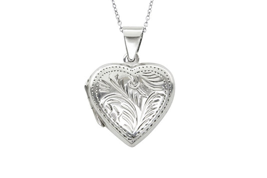 Ornate Scroll Heart Locket Pendant - 925 Sterling Silver - Rhodium Plated