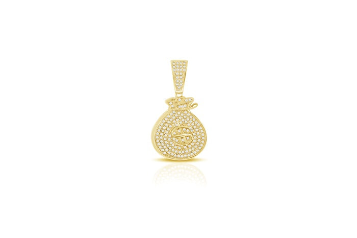 Money Bag CZ Charm Pendant - 925 Sterling Silver - Gold Plated