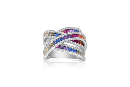 Rainbow Eternity Band Ring - 925 Sterling Silver - Rhodium Plated