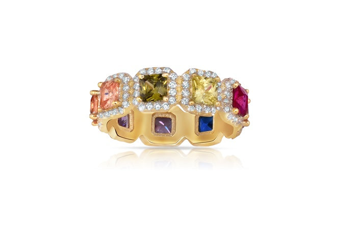 Rainbow Eternity Band Ring - 925 Sterling Silver - Gold Plated