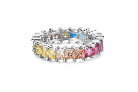 Rainbow Eternity Band Ring - 925 Sterling Silver - Rhodium Plated