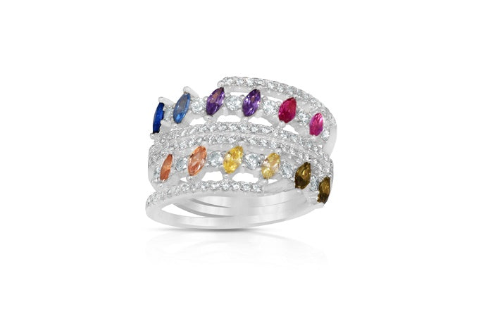 Rainbow Eternity Band Ring - 925 Sterling Silver - Rhodium Plated