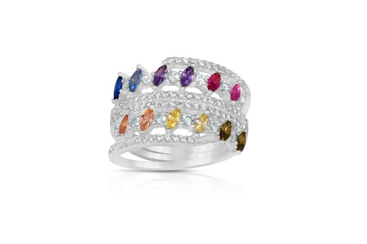 Rainbow Eternity Band Ring - 925 Sterling Silver - Rhodium Plated