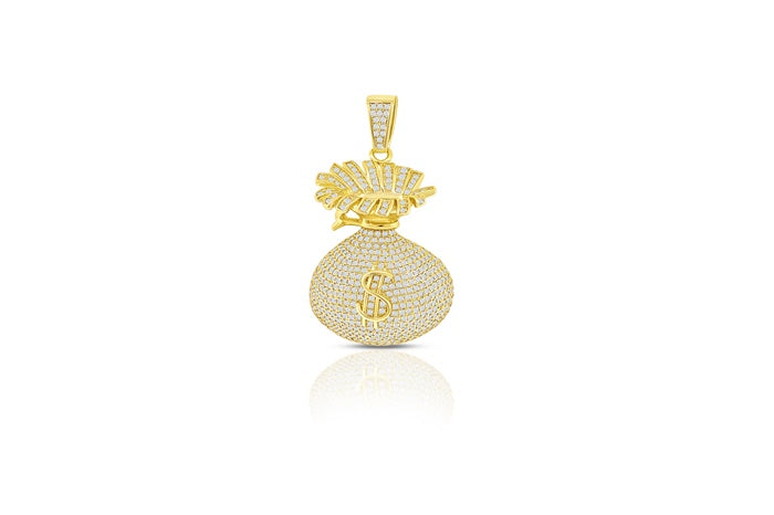 Crown Money Bag CZ Charm Pendant - 925 Sterling Silver - Gold Plated