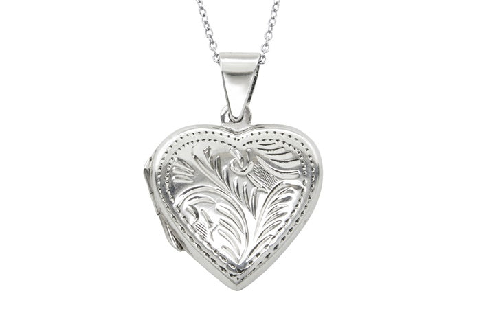 Engraved Heart Locket Pendant - 925 Sterling Silver - Rhodium Plated