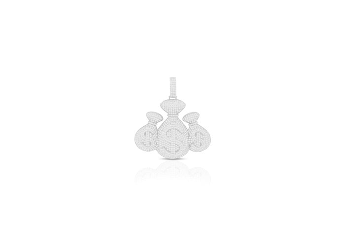 Triple Money Bag CZ Charm Pendant - 925 Sterling Silver - Rhodium Plated