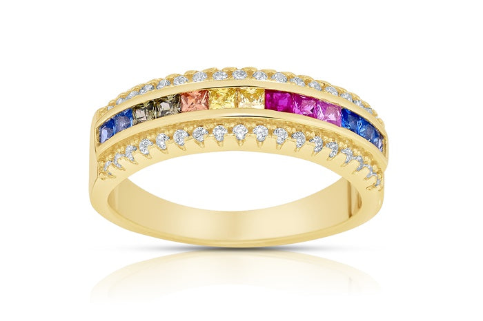 Rainbow Eternity Band Ring - 925 Sterling Silver - Gold Plated