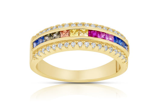 Rainbow Eternity Band Ring - 925 Sterling Silver - Gold Plated