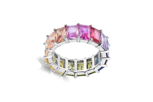 Rainbow Eternity Band Ring - 925 Sterling Silver - Rhodium Plated