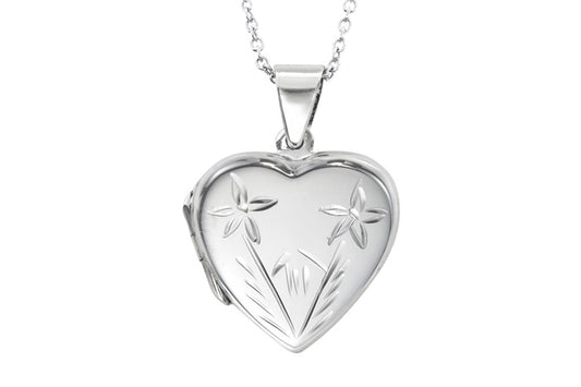 Floral Heart Locket Pendant - 925 Sterling Silver - Rhodium Plated