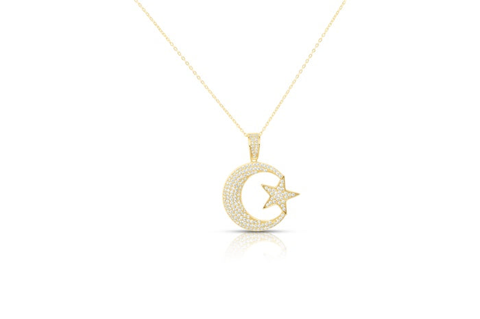 Crescent Moon and Star CZ Charm Pendant - 925 Sterling Silver - Gold Plated