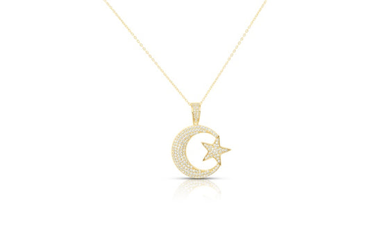 Crescent Moon and Star CZ Charm Pendant - 925 Sterling Silver - Gold Plated