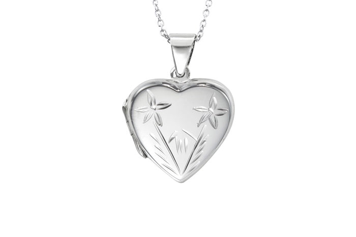 Floral Engraved Heart Locket Pendant - 925 Sterling Silver - Rhodium Plated