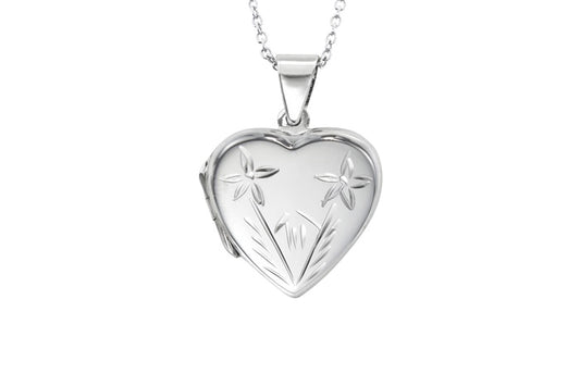 Floral Engraved Heart Locket Pendant - 925 Sterling Silver - Rhodium Plated