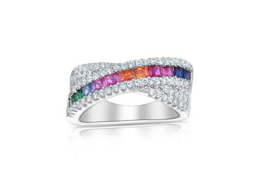 Rainbow Eternity Band Ring - 925 Sterling Silver - Rhodium Plated