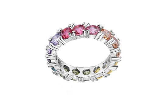 Rainbow Eternity Band Ring - 925 Sterling Silver - Rhodium Plated