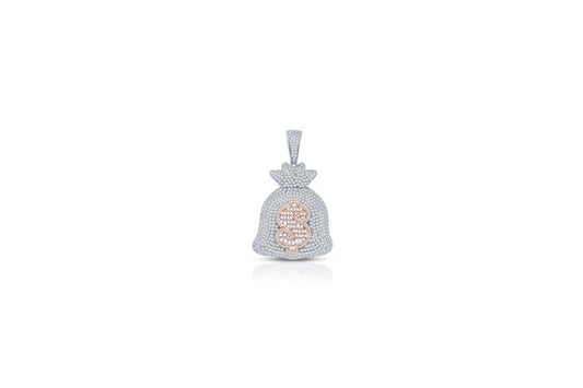 Two-Tone Money Bag CZ Charm Pendant - 925 Sterling Silver - Rhodium Plated
