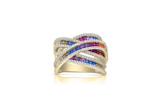 Rainbow Eternity Band Ring - 925 Sterling Silver - Gold Plated