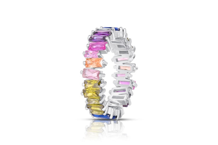 Rainbow Eternity Band Ring - 925 Sterling Silver - Rhodium Plated