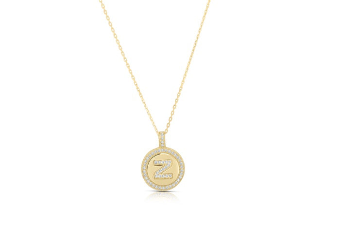 Cz Disc Initial Charm Pendant - 925 Sterling Silver - Gold Plated