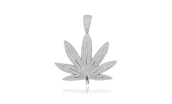 Cannabis Leaf CZ Charm Pendant - 925 Sterling Silver - Rhodium Plated