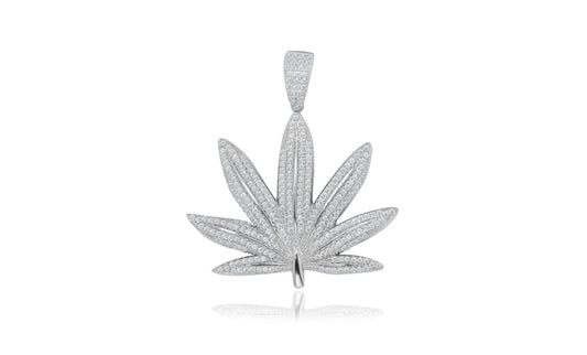 Cannabis Leaf CZ Charm Pendant - 925 Sterling Silver - Rhodium Plated