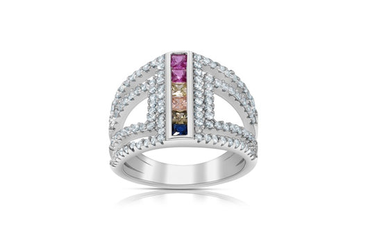 Rainbow Eternity Band Ring - 925 Sterling Silver - Rhodium Plated