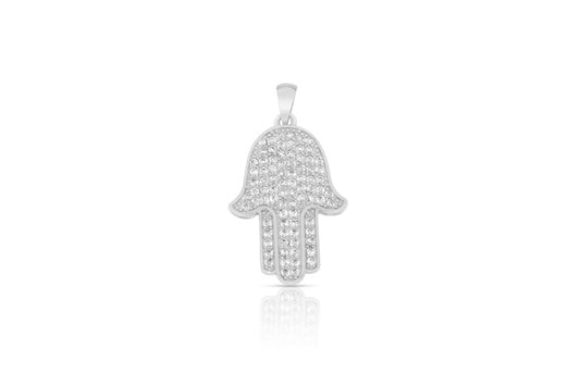 Hamsa Hand CZ Charm Pendant - 925 Sterling Silver - Rhodium Plated