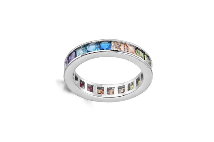 Rainbow Eternity Band Ring - 925 Sterling Silver - Rhodium Plated