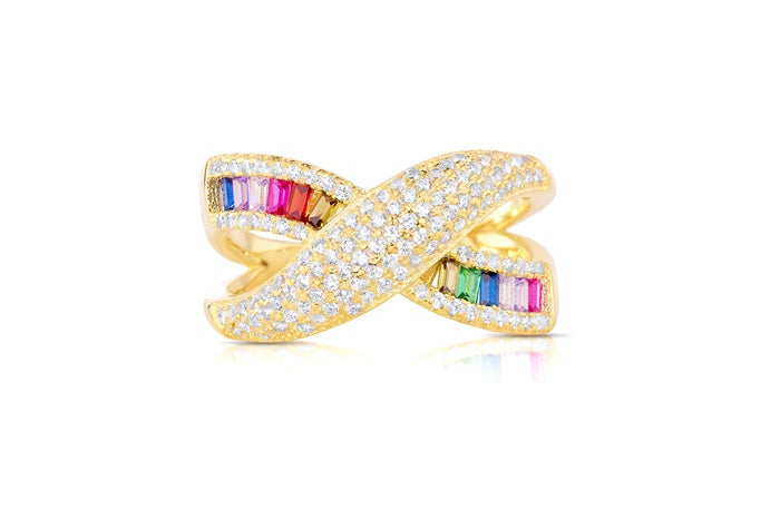 Rainbow Eternity Band Ring - 925 Sterling Silver - Gold Plated