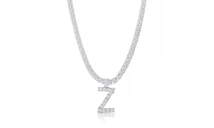 Cz Prong Initial Charm Pendant - 925 Sterling Silver - Rhodium Plated