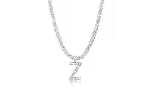 Cz Prong Initial Charm Pendant - 925 Sterling Silver - Rhodium Plated
