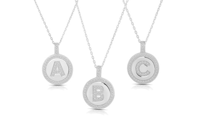 Cz Disc Initial Charm Pendant - 925 Sterling Silver - Rhodium Plated