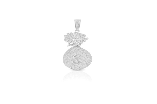 Crown Money Bag CZ Charm Pendant - 925 Sterling Silver - Rhodium Plated