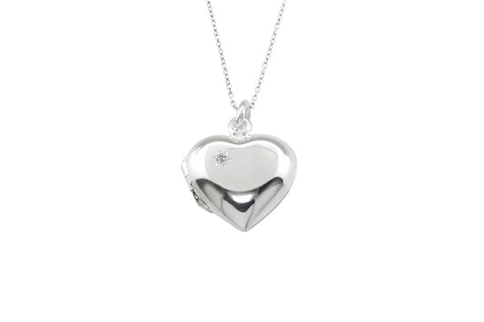 Puffed Heart Locket with CZ Pendant - 925 Sterling Silver - Rhodium Plated