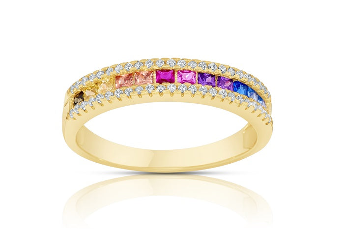 Rainbow Eternity Band Ring - 925 Sterling Silver - Gold Plated