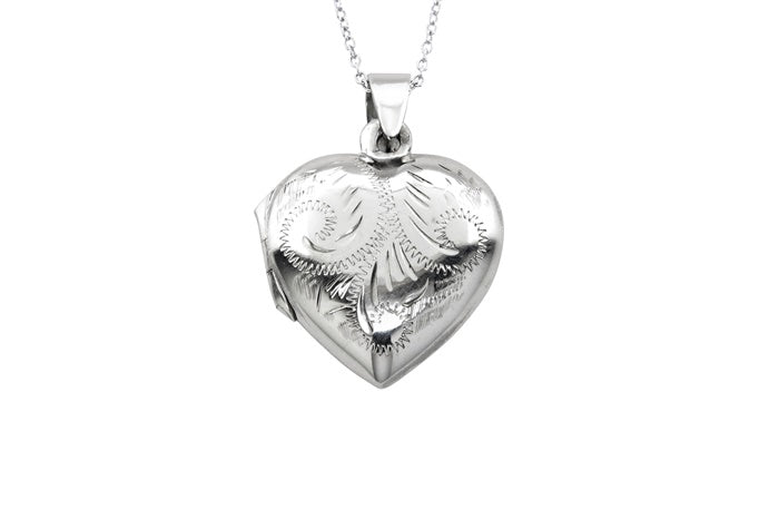 Swirl Engraved Heart Locket Pendant - 925 Sterling Silver - Rhodium Plated