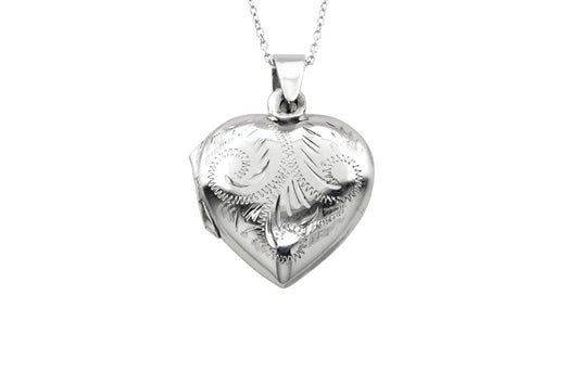 Swirl Engraved Heart Locket Pendant - 925 Sterling Silver - Rhodium Plated