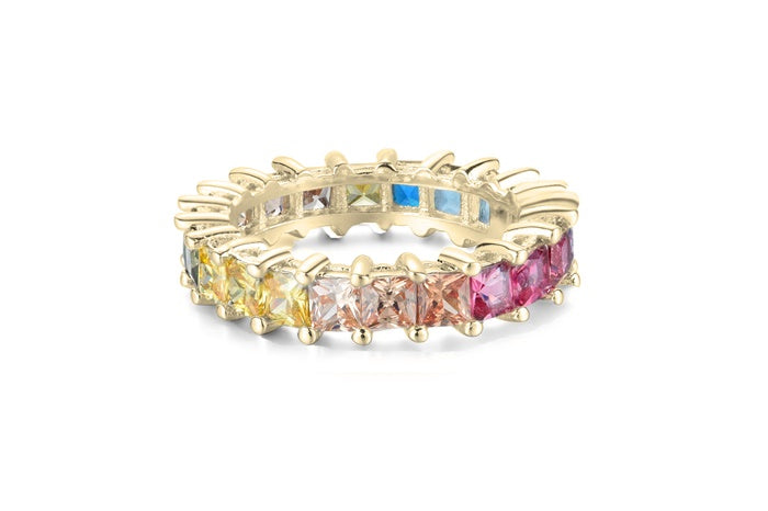 Rainbow Eternity Band Ring - 925 Sterling Silver - Gold Plated
