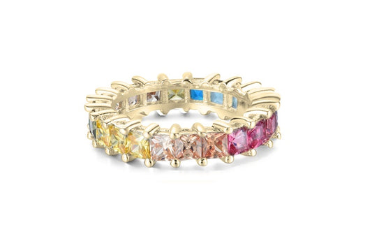 Rainbow Eternity Band Ring - 925 Sterling Silver - Gold Plated