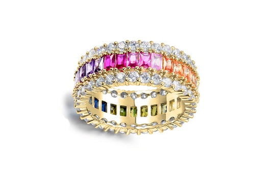 Rainbow Eternity Band Ring - 925 Sterling Silver - Gold Plated