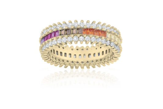Rainbow Eternity Band Ring - 925 Sterling Silver - Gold Plated
