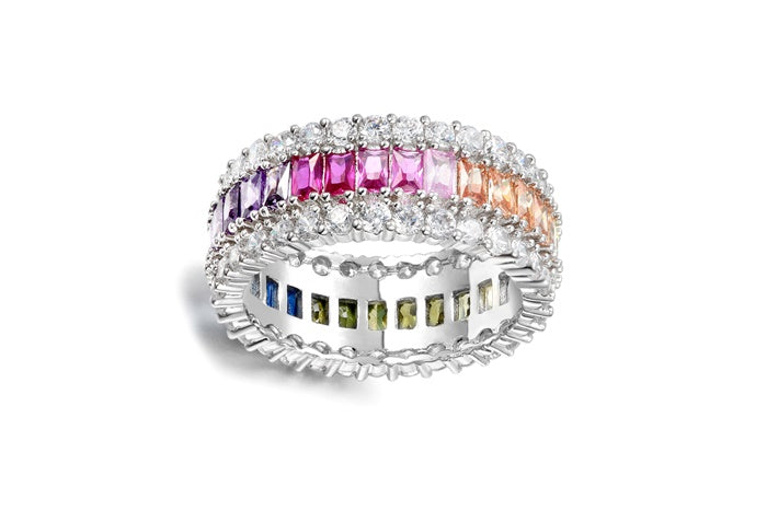 Rainbow Eternity Band Ring - 925 Sterling Silver - Rhodium Plated