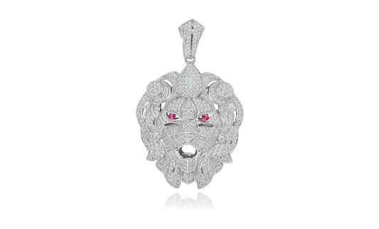 Lion Head CZ Charm Pendant - 925 Sterling Silver - Rhodium Plated